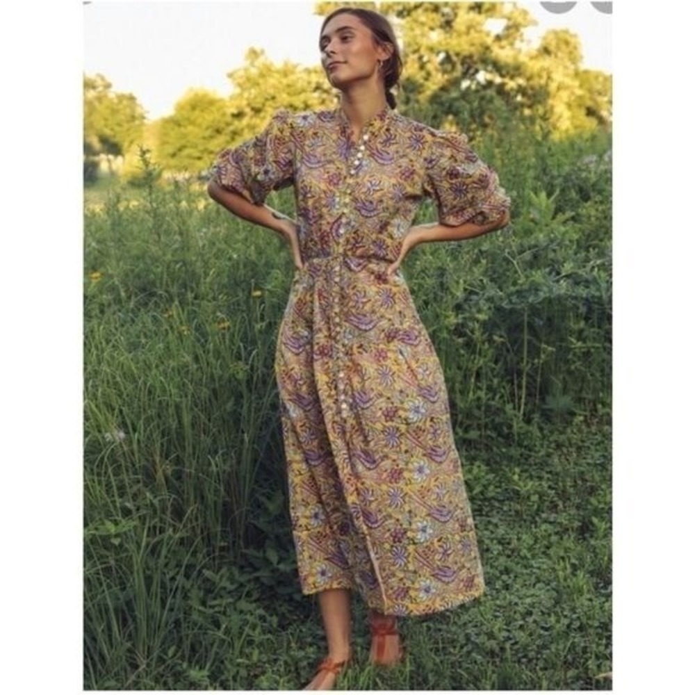 Mille || Juno Midi‎ Dress in Birds of Paradise Yellow Floral XS